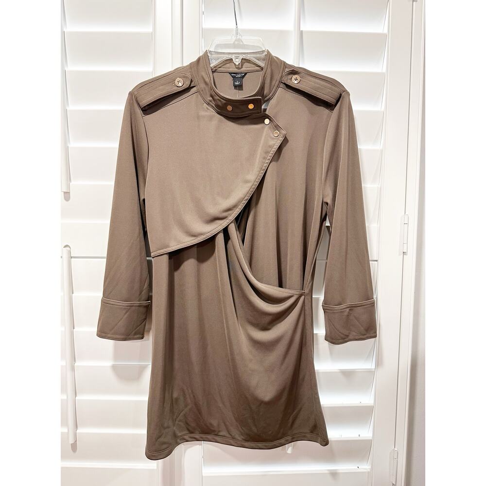 Ann Taylor Draped Front Military-Inspired Tunic Top Brown Asymmetrical Draped L